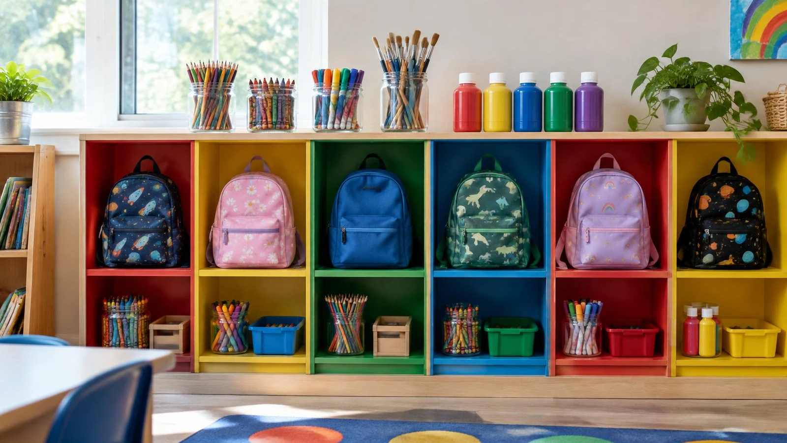 Colorful cubbies with backpacks and art supplies