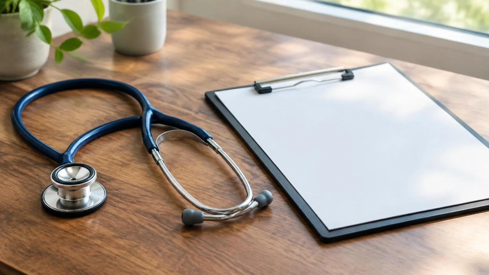 Stethoscope and clipboard on a wooden desk
