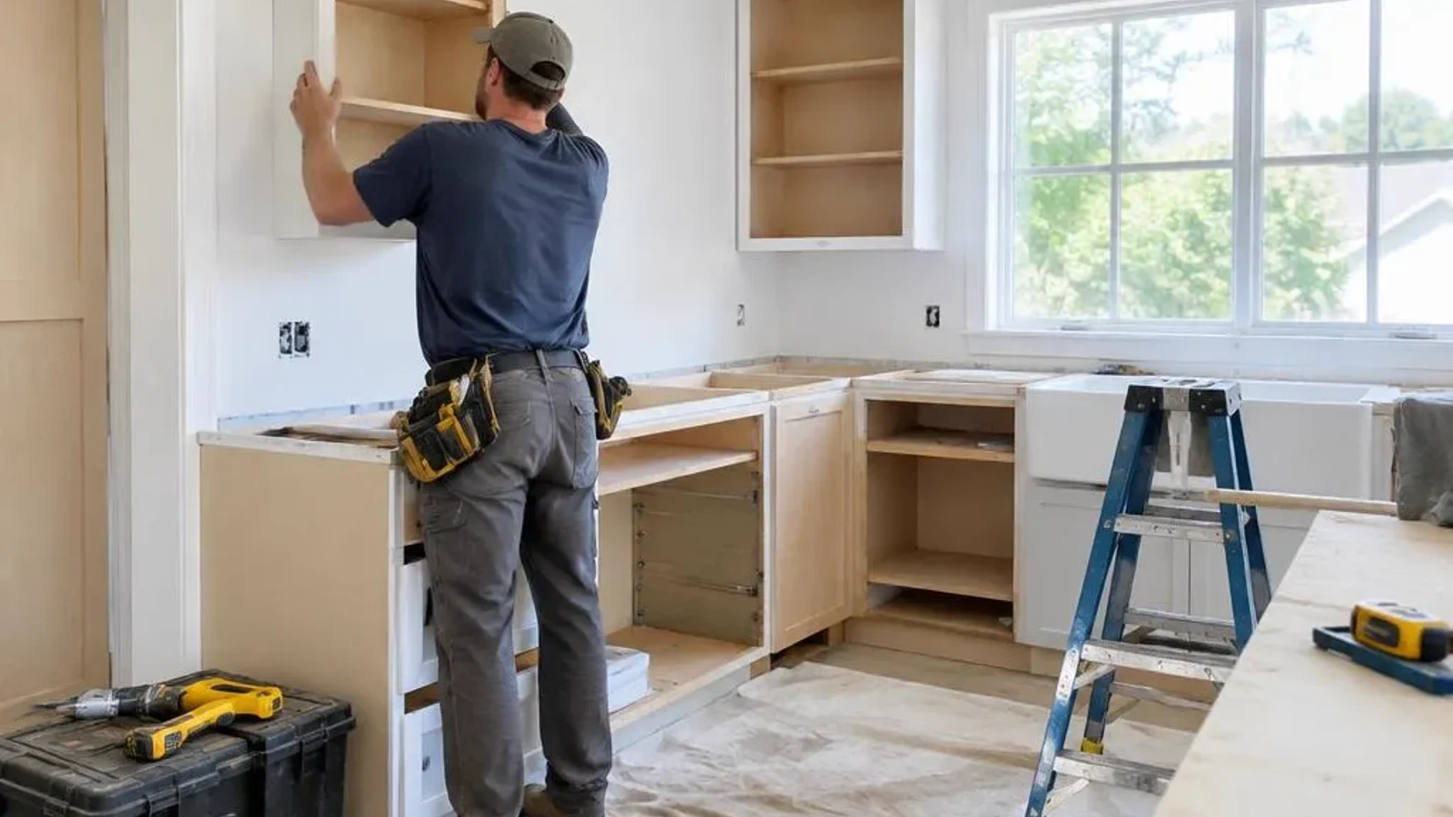 Remodeler fitting cabinetry in a bright kitchen