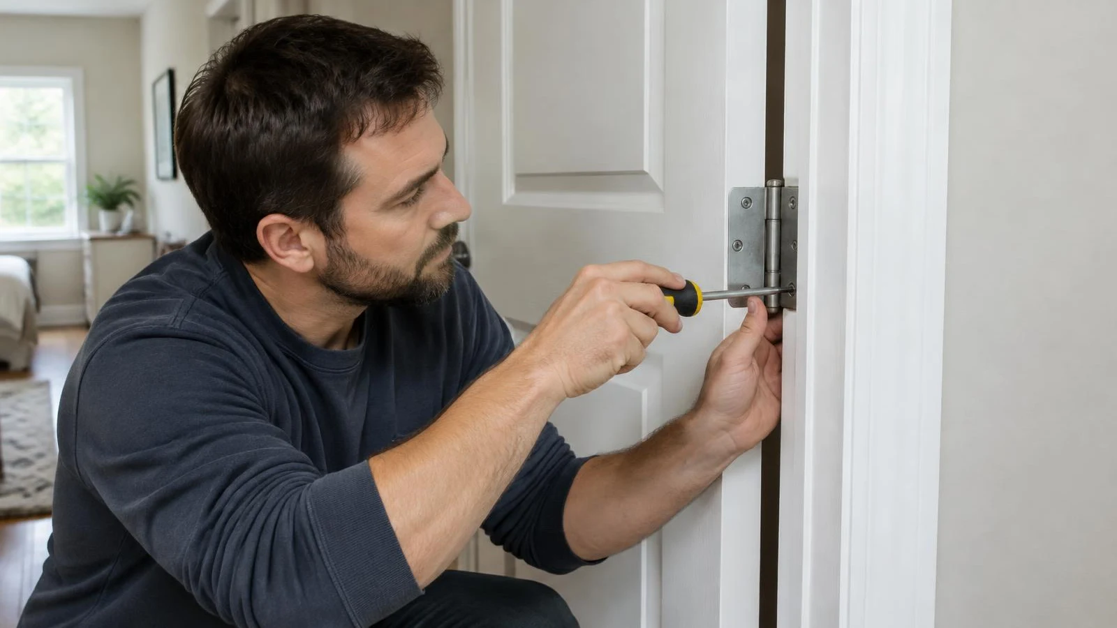Handyman tightening a door hinge with a screwdriver