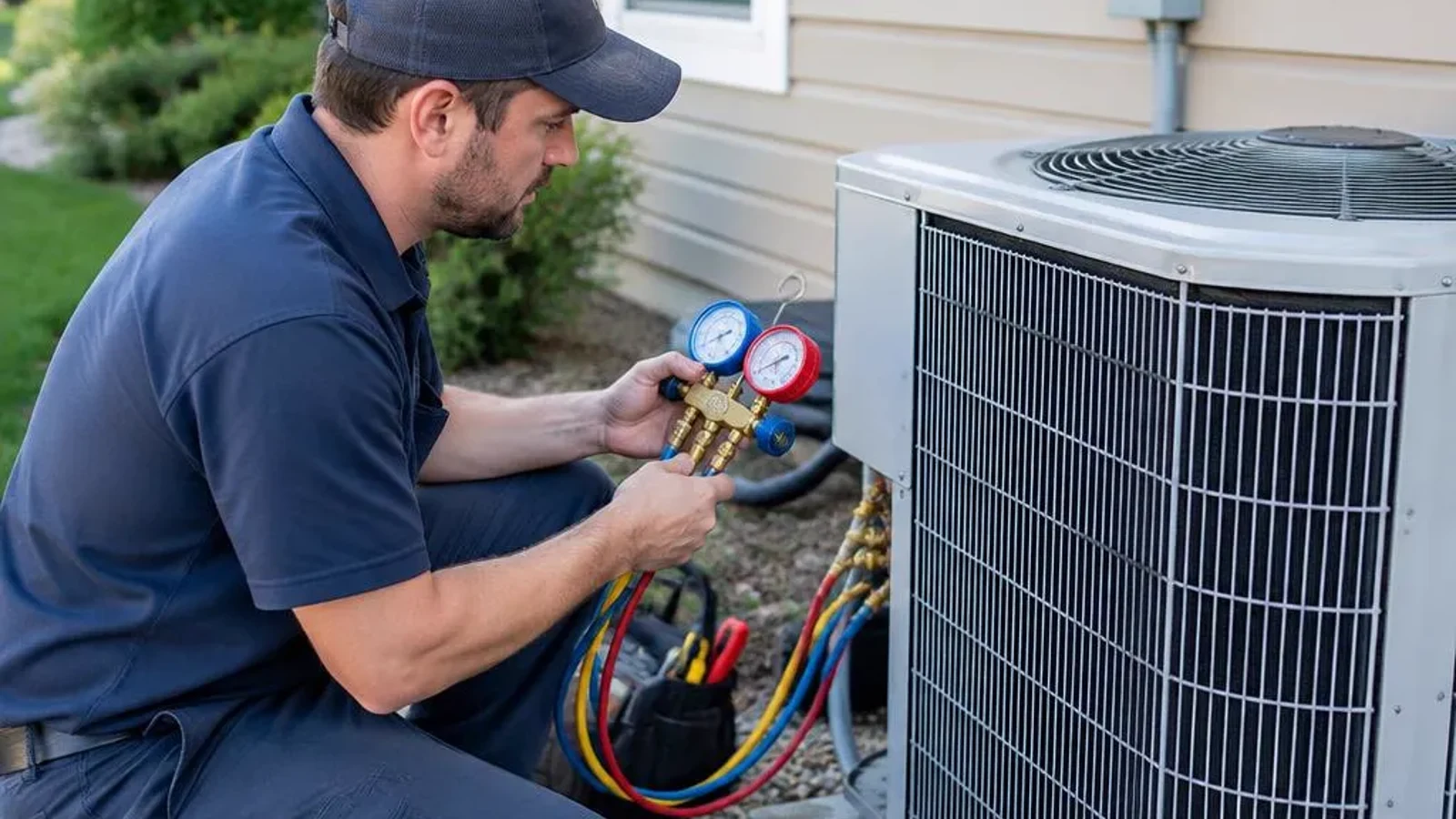 HVAC technician servicing an outdoor AC condenser beside a house