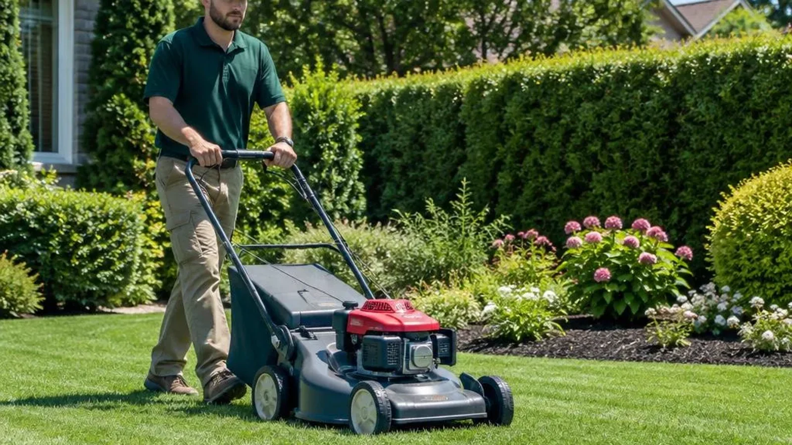 Landscaper mowing a lawn beside trimmed hedges and flower beds