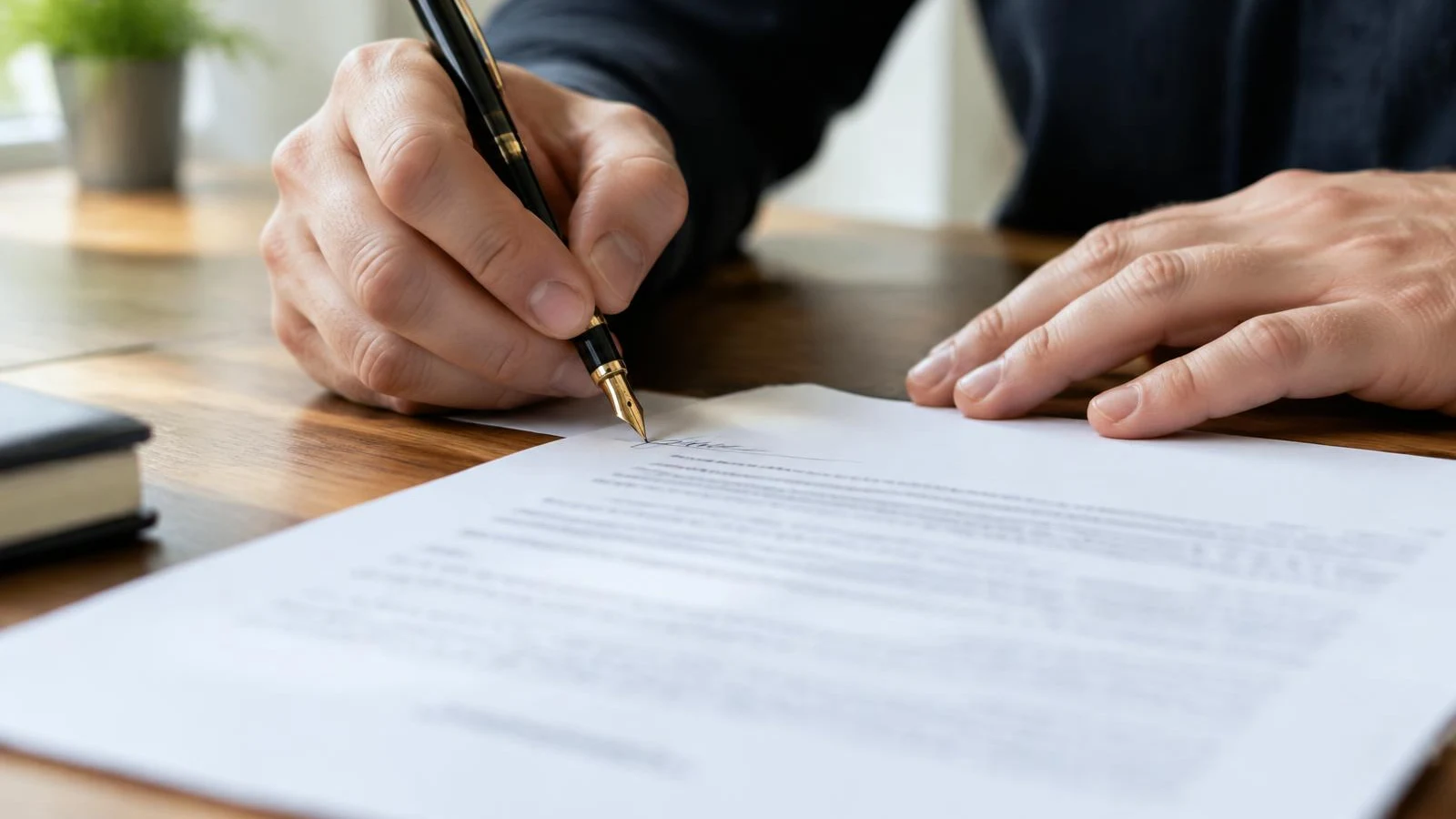 Hands signing a document with a fountain pen