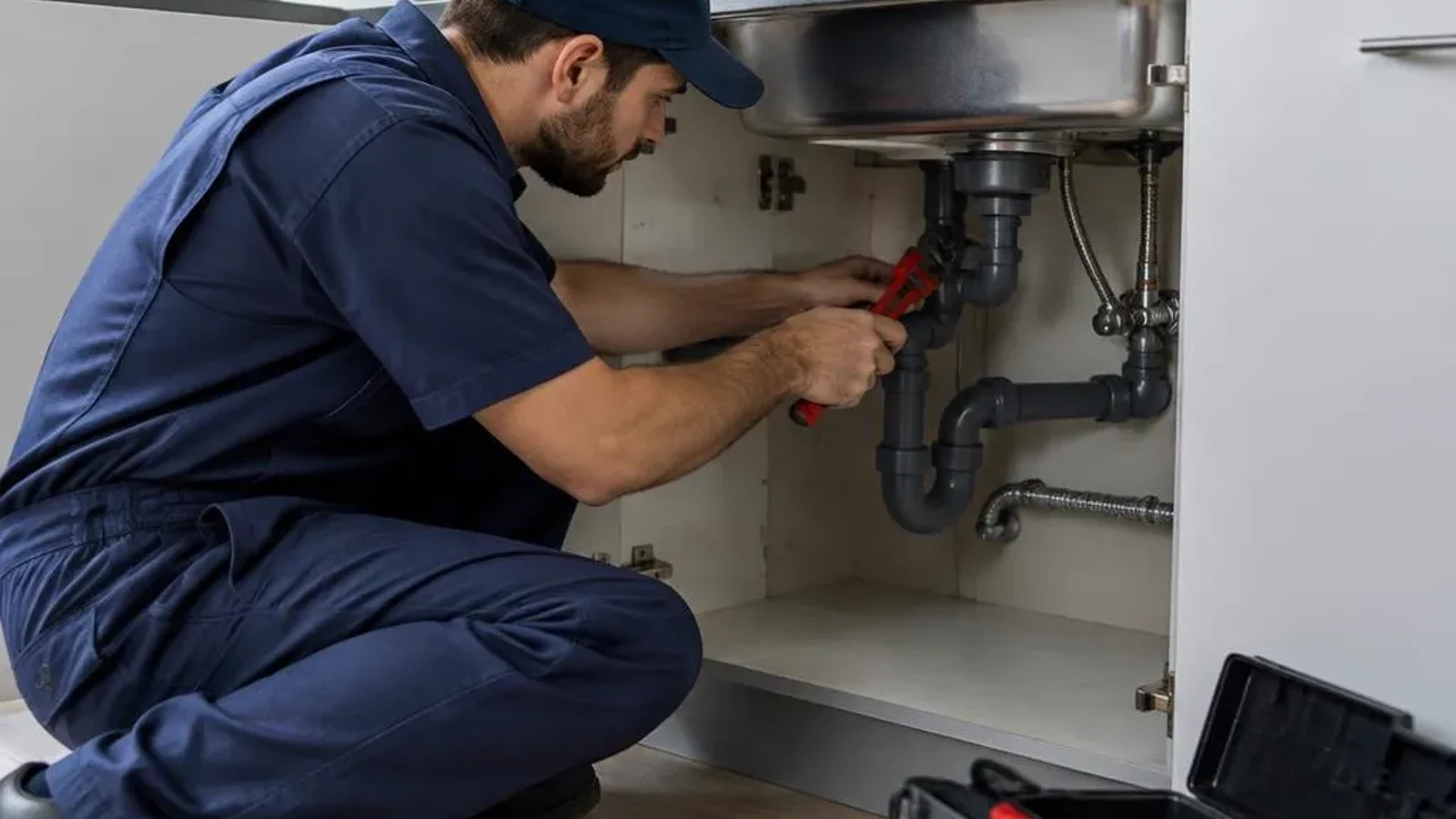 Plumber repairing pipework beneath a kitchen sink