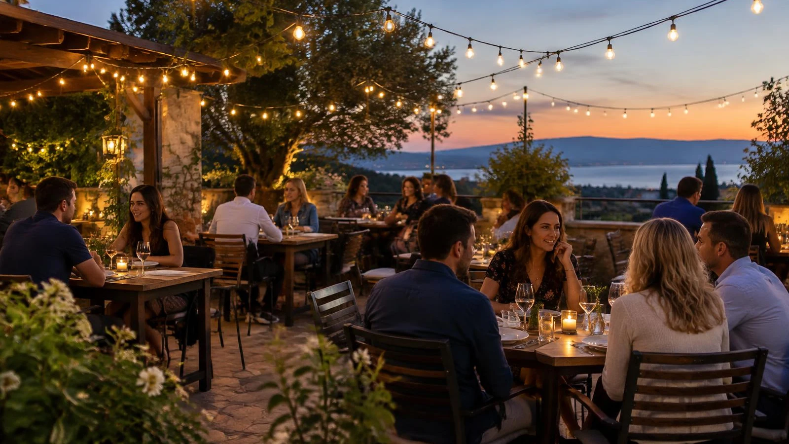 Diners on an outdoor patio under string lights