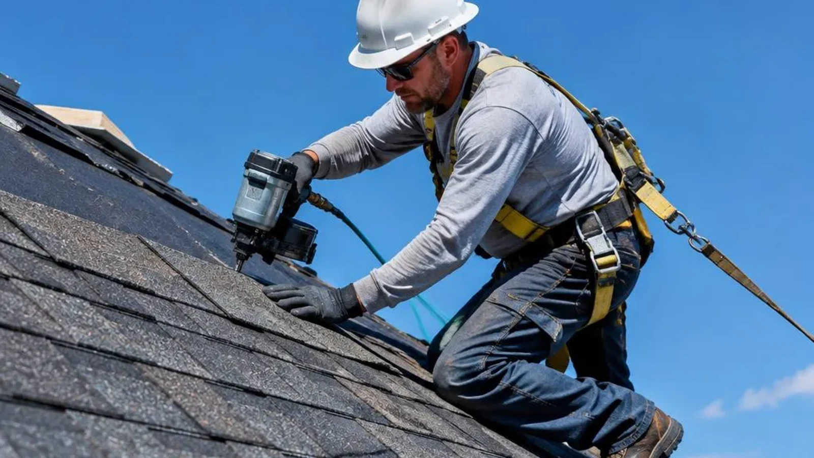 Roofer installing shingles on a residential roof