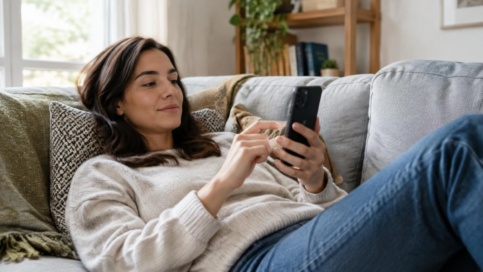 Woman relaxing on a couch while browsing on her phone