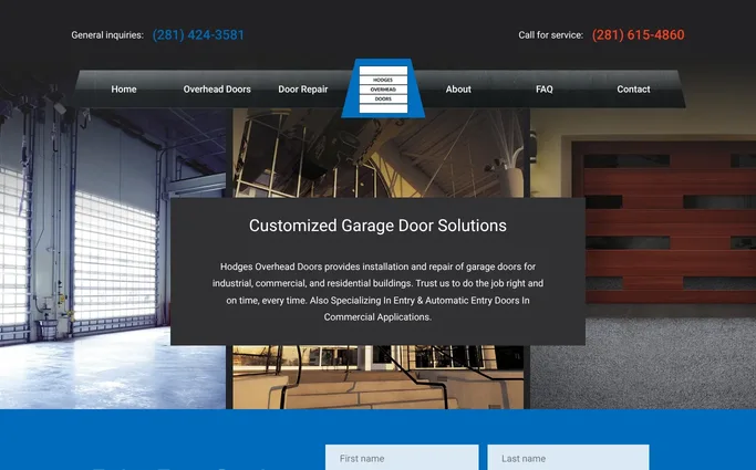 Homepage of Hodges Overhead Door website